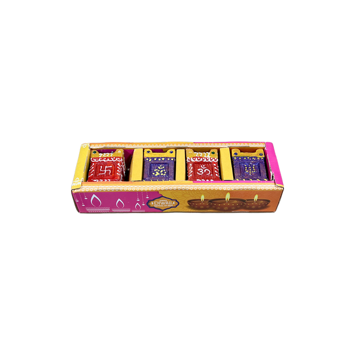 Colourful Tulsi Diya with Wax - Set of 4