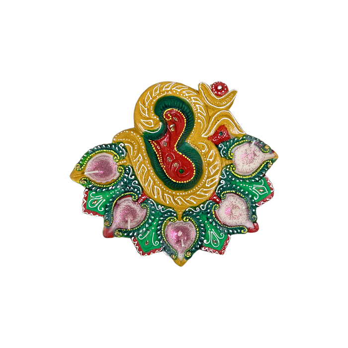 Colourful 5 Diya Plate OM Shape with Wax