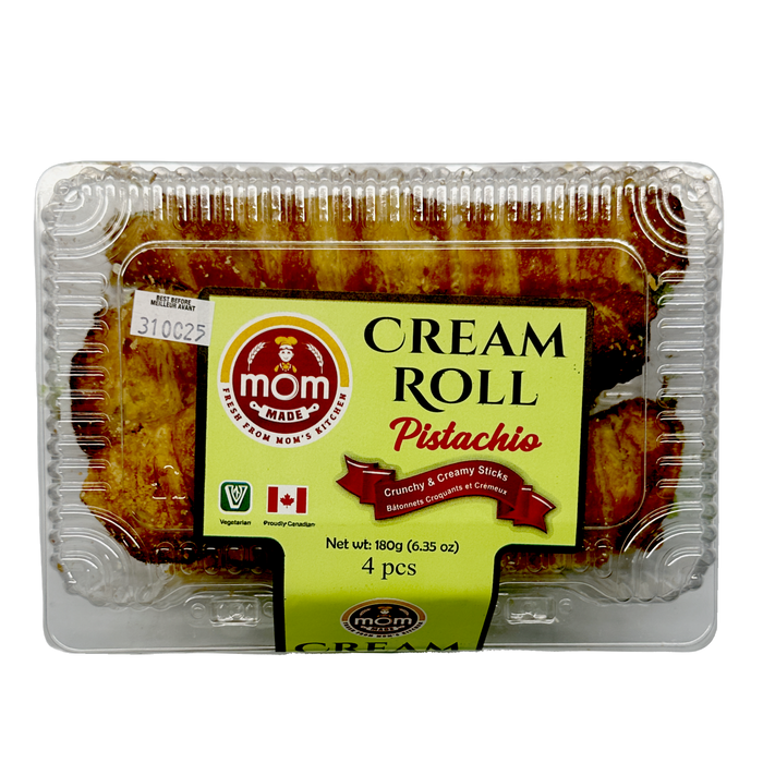 Mom Made Pistachio Cream Roll 180g — sliced flaky pastry roll with pistachio cream filling on a serving plate