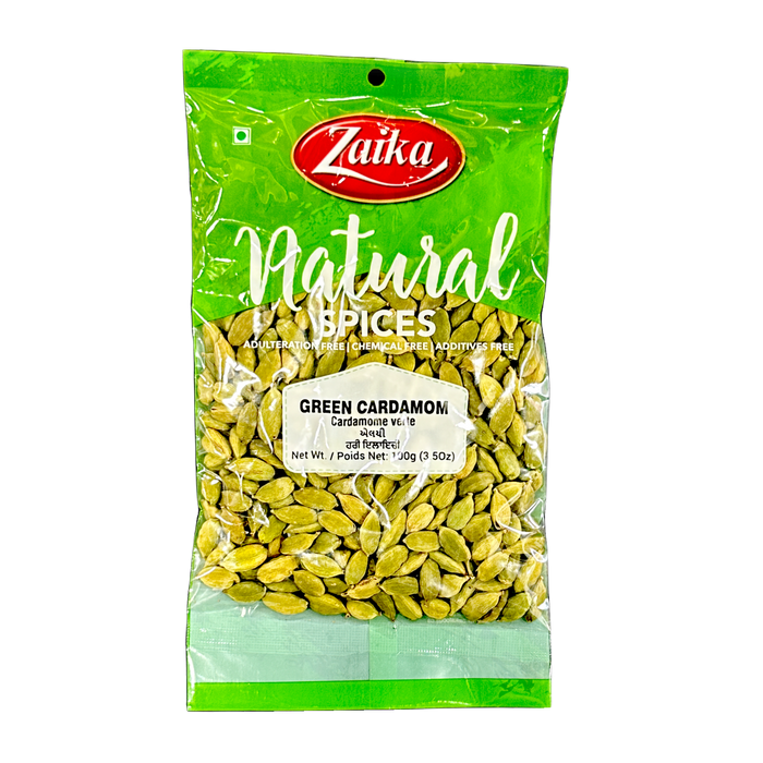 Zaika Green Cardamom 100g — front view of green cardamom pods in branded pack