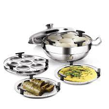 Milton Pro Cook Stainless Steel Multi - Kadhai With Lid (2 - Idli Plate; 1 - Mini Idli Plate; 1 - Steamer Plate; 2 - Dhokla Plate), 26 cm, Silver | Induction Safe | Flame & Hot Plate & Dishwasher Safe