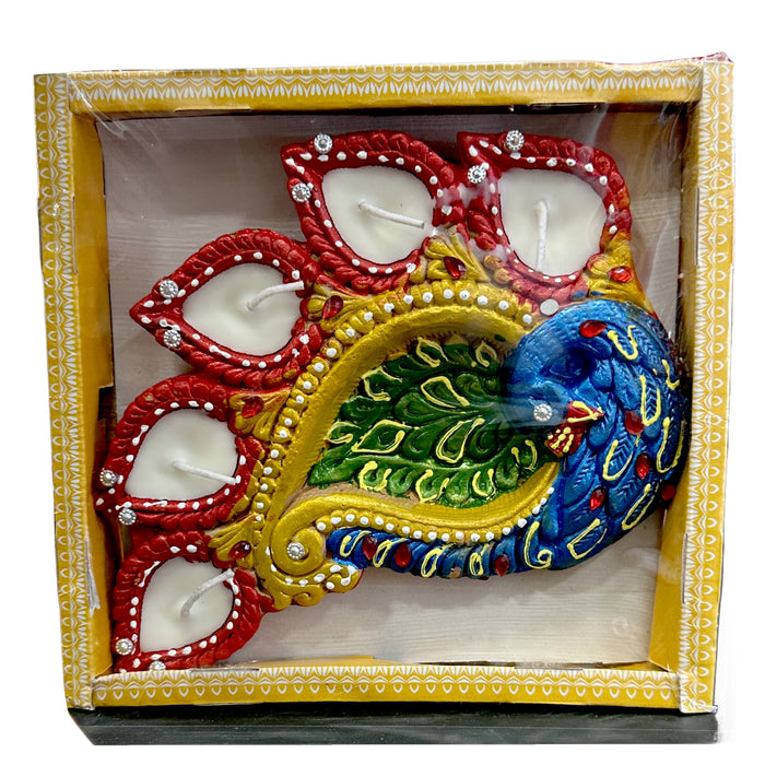 Divine Colourful 5 Diya Plate (Peacock Shape)  With Wax