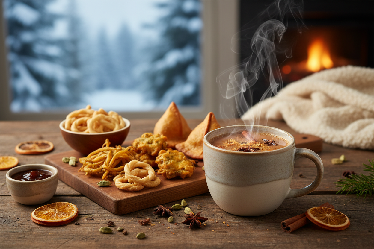 hero banner for landing page - Cozy Chai & Crunchy Winter Tea-Time Bites Across Canada, from Toronto to Vancouver - no text on image