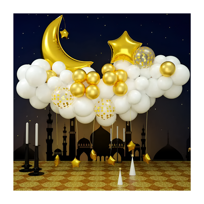 Moon-Star Shaped Balloons 54 Pcs Set For Muslim EID Mubarak Festival Home Decor, Ramadan Birthday Party Decoration.